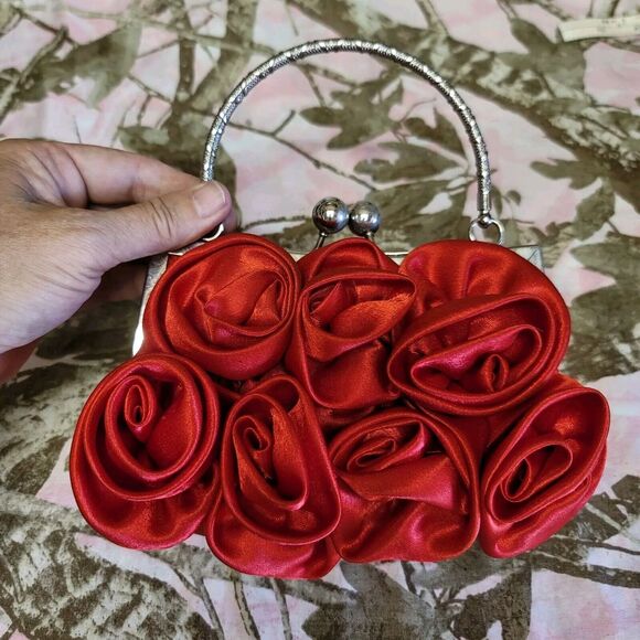 Red Satin Rosette Clutch Top Handle Formal Evening Black Tie Event Bag - Picture 1 of 7